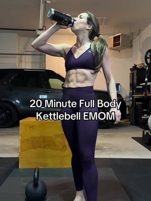 “EMOM” stands for “every minute on the minute”, in this workout, for 20 minutes.  You do the exercise and reps given at the start of each minute, when you are done, you rest, until the start of the next minute.  Min 1) 12 swings Min 2) 5 split squats per side Min 3) 5 snatches per side Min 4) 5 lateral lunges per side  Min 5) rest the whole minute  *then you’d repeat these 4 more times for a total of 20 mins* For more coaching and workouts, check out Body & Bell on the @Ladder | Fitness App  #kettlebellcoach #kettlebellworkout #kettlebellswings #fitmom #athomeworkouts 