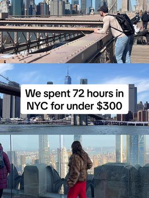 Is NYC expensive? We spent only $271/pp in 72 hours in the big apple. 📌 Save this guide so you can visit without breaking the bank 💰  (These only include activities, food and transportation - not hotels) ACTIVITIES: -Brooklyn Bridge (free) -Walk through DUMBO (free) -Top of the Rock ($42) -Summit One Vanderbilt ($44) -The edge in the Hudson Yards ($34) -Walk the High Line (free) -Central Park (free) -Walk through Times Square at night (free) FOOD: -Time Out Market (Brooklyn) -Nora Thai (Brooklyn) -Giacomo's Pizza (cheap/oversized pizza slices) -PizzaArte (the BEST wood oven gourmet pizza) -Watch House (bakery/coffee/pastries) -Los Tacos (some of the best tacos in NYC, $5 each) -Joe's Pizza (classic $3-$4 NYC slice) -Russ & Daughters (famous bagels and lox) -Levain Bakery (viral giant cookies) TRANSPORTATION: -Subway ($3.50/single ride) Where is your first stop? 🗽 Follow for more travel tips ✈️❤️ ##budgettravel##travelhacks##budgettips##newyorkcity##nyc