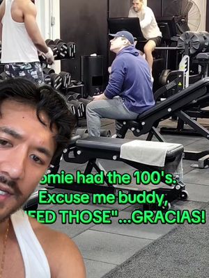 If the gym only has one pair of dumbbells for a weight then I think it’s fair game to ask if you can use them between someone’s set and he did give them back at the end. The caption on the screen just gave off a weird vibe.. Make better gains. Join my 3-5 day programs. Find them in my bio! -Exercise videos and set up instructions  -Alternative exercises  -Form checks (by me!) -Ask me questions in the team chat  -Track progress in app  And more! #chestday #chest #bench 