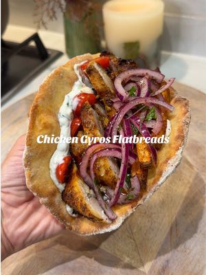 CHICKEN FLATBREADS  a delicious weekend Fakeaway ✨ For the chicken: 300g chicken thigh fillets 2tbsp fat free yoghurt juice of half a lemon Tbsp honey  1tsp garlic granules, oregano, cumin, ground coriander  ½ tsp cayenne pepper Handful fresh chopped dill  2 crushed garlic cloves  Garlic yoghurt Dip:  100g fat free greek yoghurt  2-3 crushed garlic cloves  Lemon juice  Pinch salt  Tsp Oregano & parsley  Flatbreads: 100g plain flour 90g fat free greek yoghurt Tsp garlic granules & sal The full written recipe including macros, is available on my recipe and meal planning app. Head to the link in my bio to sign up! #EasyRecipes #chickenflatbreads #fyp #fakeaway #gyros 