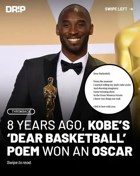 Following Kobe Bryant's 'Dear Basketball' poem, director Glen Keane brought it to life as an animated short. The film won Best Animated Short Film at the 90th Academy Awards in 2018, making Kobe the first professional athlete to ever win an Academy Award. #kobe #kobebryant #oscars #NBA #lakers #mambamentality #mambaforever 