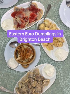 Eastern European dumpling part in Brighton Beach🥟 📍Oceanview Cafe: 290 Brighton Beach Ave, Brooklyn, NY 11235 #ukrainianfood #russianfood #vareniki #dumplings #brightonbeach