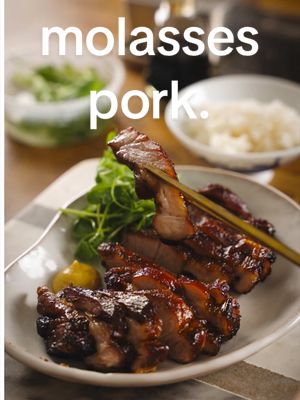 Sticky Molasses Pork Shoulder. A sort of hybrid between a char siu and thịt nướng.  A lovely charred exterior, the molasses provides bitterness, contrasting the salty fish sauce and sweet brown sugar. 🤍 Find the recipe on my substack! #porkshoulder #airfried #charsiu 