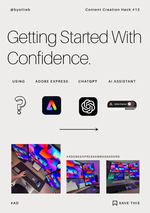 Success with content isn’t about talent. It’s about starting, and not stopping. Keep showing up, the rest sorts itself out eventually. Struggling with a blank canvas? Start with confidence using Adobe Express - bounce some ideas around with Chat GPT and be directly linked to Adobe Express, the integration of these two power houses is game changing! I was lacking some spark to creativity, found it hard to start with every idea being a potential, Chat GPT whipped me into shape then hands over seamlessly into Adobe Express where AI Assistant (limited beta) takes over. Manual tweaks? No problemo! Simple toggle AI on and off! Give Adobe Express a try and let me know how you use it to get started with confidence! #GetStartedWithConfidence #AdobeExpressAmbassadors AD