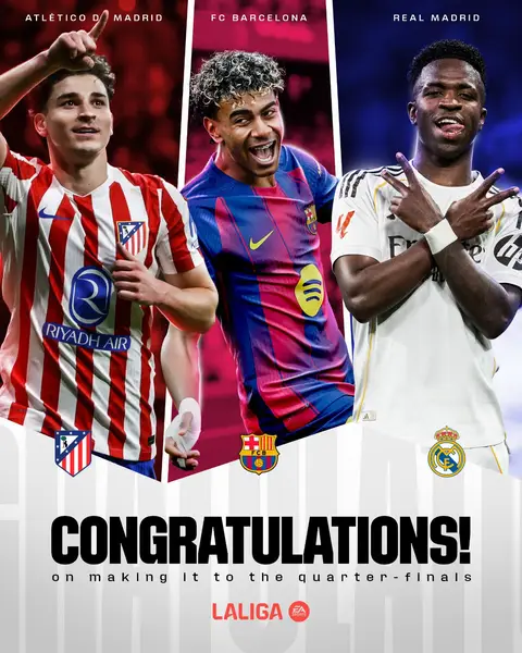 🤍🤍 @Real Madrid C.F.  💙❤ @fcbarcelona  ❤🤍 @Atlético de Madrid  😎 MISSION ACCOMPLISHED. ✅ Three #LALIGAEASPORTS teams advance to the quarter-finals! #DeportesEnTikTok 