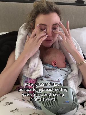 this is the current setup 🤣 room is a disaster, have a fan directly on me, and a baby on my chest. I might be exhausted but these are the days! #postpartum #breastfeeding #nightsweats #momlife 