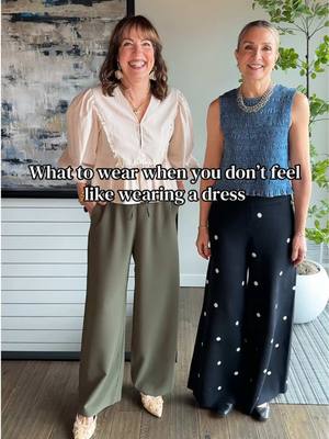We were so excited to be invited to a bridal shower, but due to my recent knee surgery and our cold temperatures, we decided styling fun, flowy wide leg pants was the move!  I love this drawstring olive pair, and Julie’s knit polka dot pants are so stylish! We dressed up our pants with statement tops and elevated jackets. We had so much fun, and our outfits were so comfortable! We could’ve easily worn dresses or skirts, but sometimes you have to go with how you’re feeling on the day!  #over50 #springfashion #whattowear #outfits #styleinspo 