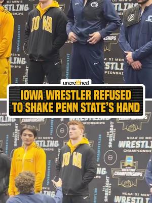 Left him hanging 🚫🤝 Iowa’s Mikey Caliendo didn't shake Penn State’s Mitchell Mesenbrink hand after losing the final 20-4 TF. (via @pennstatewrest)