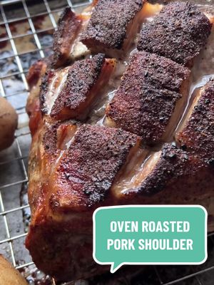 This super easy oven roasted pork shoulder is great for a crowd, or in my case, meal prep myfor the week! PREP TIME: 10 minutes COOK TIME: 4 hours TOTAL TIME: 4 hours 10 minutes Ingredients 9-10 bone in pork shoulder 2 teaspoons onion powder 2 teaspoons garlic powder 1 tablespoon black powder (we use Mauro Provisions) @mauroprovisions  Instructions Preheat your oven to 450 degrees. Place the pork shoulder fat side up on a piece of parchment paper. Using a sharp knife, score the top of the pork in a diagonal pattern both ways. This helps the seasoning get into the meat and allows the fat to render. Season generously on all sides with garlic powder, onion powder and black powder. Transfer the pork to a rack set on a baking sheet. This allows air to circulate and helps the outside get nice and caramelized. Roast at 450 degrees for 30 minutes to develop a flavorful crust. Reduce the oven temperature to 325 degrees and continue cooking until the internal temperature reaches 200–205 degrees. In my oven, this took about 3 1/2 hours, but timing may vary. Remove from the oven and let the pork rest for 30 minutes before slicing or shredding.