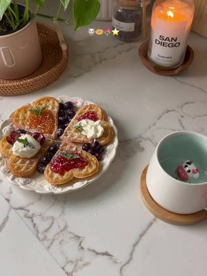 whimsy little breakfast 🐮🌷☕️🍓 heart shaped bagels with homemade jam and whipped cream + coffee  #whimsical food #homecafe 