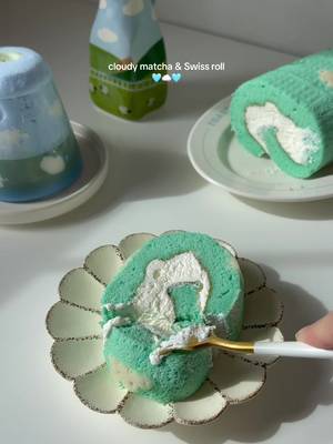 soft & fluffy chiffon sponge swiss roll filled with sweet cream ☁️ & matcha latte #homebaking #homecafe #whimsical food