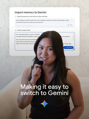 It’s not complicated. 💁‍♀️ Transfer your memory and chat history from other AI apps over to Gemini in just a few simple steps, so you can pick up right where you left off. 🧠 Teach Gemini about you with memory import On desktop, go to Settings > "Import memory to Gemini" Copy the prompt Gemini gives you and paste it into your old AI app Paste the summary it creates back into Gemini to save your preferences 📂 Transfer your past chat history Request a data export from your old AI app They will email you a .ZIP file containing your history Go to Settings > "Chat History Import" and upload that .ZIP file Both memory and chat history import are rolling out on desktop today and coming soon to the Gemini mobile app. 💻