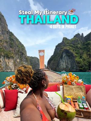 Steal my Thailand Itinerary 🇹🇭🌴✨4 Days in Phuket If Phuket is not on your travel bucket list, idk what you doing! Thailand was amazing and I finally got to experience it for myself… definitely a MUST VISIT! If you love beach clubs, island hopping, aesthetic cafés, and amazing food… save and share Phuket, Thailand for your next travel destination. ✌🏾🥳 🇹🇭Day 1—Stay: The Nature Phuket Visit: Ma Doo Bua @madoobua.phuket  Visit: Cafe Phuket Viewpoint @cafephuket_viewpoint  🇹🇭Day 2—Visit: YONA Beach Club @yonabeach  Explore: Patong Beach Road Nightlife + Bar Hopping 🇹🇭Day 3—Explore: Phi Phi Islands + Maya Bay Eat: Café del Mar Phuket @cafedelmarphuket  🇹🇭Day 4—Eat: Breakfast at Resort Explore: Patong Beach Eat: Three Monkeys Restaurant @threemonkeysrestaurant  Also, this was my first time visiting Thailand and I already know I’ll be back. Next time… more islands! Leave some tips and hidden gems in the comments for me and everyone else ❤️ Travel Tips: 🔗 Book excursions in advance, especially Phi Phi tours & beach clubs 🚤 Island hopping: Expect lengthy bumpy boat rides! Bring Dramamine if you get seasick 🚗 Transportation: Use Grab or Bolt for cheap and easy rides instead of taxis 💸 Cash is the best option: Many spots prefer cash, so keep Thai baht on you.🍴 Reservations: Beach clubs & popular restaurants fill up FAST, book ahead you also get a spend when you! ☀️ Best Time to Visit: November–April (dry season = best weather & clear water) #thailand🇹🇭 #thingstodointhailand #phuketthailand #travelbucketlist #stealmyitinerary 