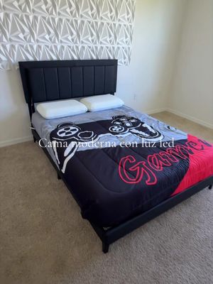 HOMBCK Upholstered Modern Bed Frame, LED Lights, No mattress, PU Leather Headboard, Wood and Metal Slats Support, Noise Free, No Box Spring Needed ##cama##bedframe##tiktokshopcreatorpicks##tiktokshopspringglowup