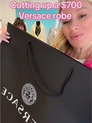 Cutting up a $700 Versace robe. Send help!! ##versace #designer #fashiontiktok 
