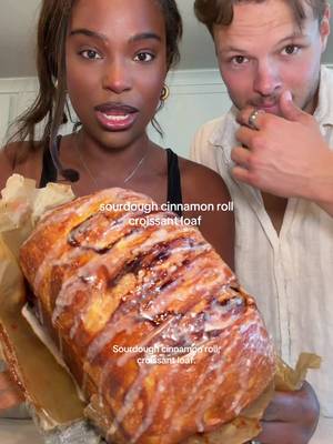 sourdough cinnamon roll croissant loaf featuring my favorite hype man ✨ just look at when we cut into this!!!!   • #sourdough #sourdoughinclusions #bakingtiktok #relationshipgoals #cutecouple  @KitchenAid  @Hellmann’s Mayonnaise  @Talenti Gelato  @Bob’s Red Mill  @King Arthur Baking 