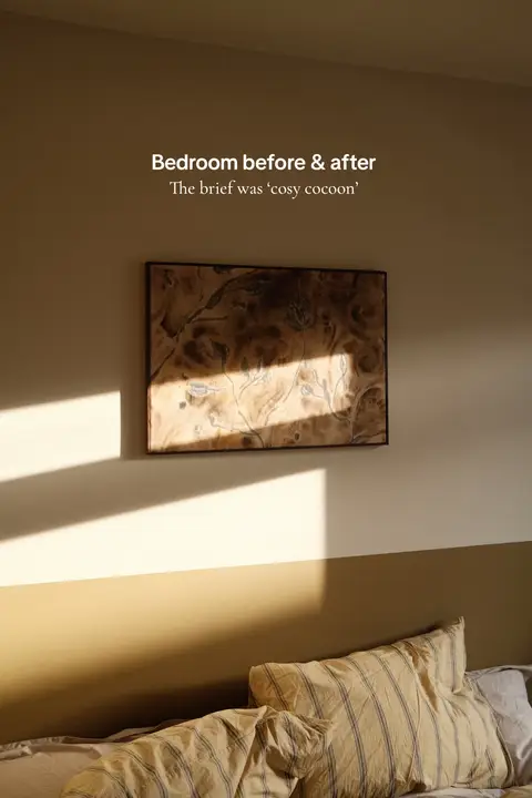 Transformation from when we first moved in August, to now! Grey box to warm cosy bedroom. Really just wanted it to feel warm and snuggly since it gets lovely light in the afternoon. #bedroomdesign #bedroommakeover #cosyhome #cosyvibes #londonhouse 