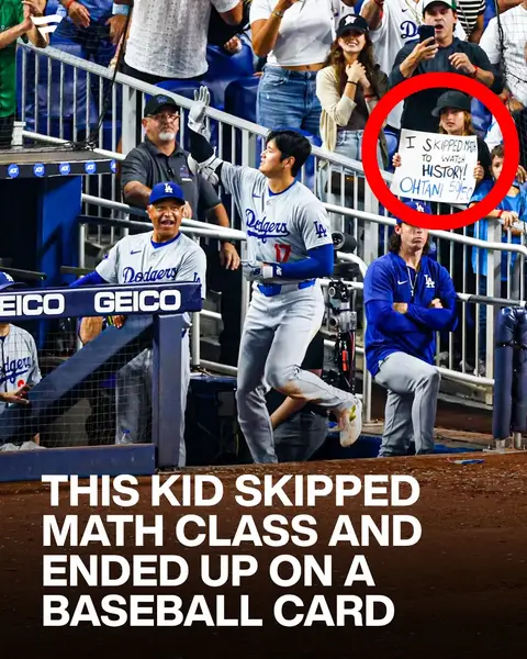 During Shohei Ohtani’s 50/50 game in September 2024, a kid showed up with a sign that read: “I skipped math to watch history!” Then Ohtani delivered one of the most iconic performances the game has ever seen, and during the game, cameras caught the kid and the sign in the background of the moment. The image was later turned into an official baseball card, permanently tying that kid to one of the most historic nights in MLB history.