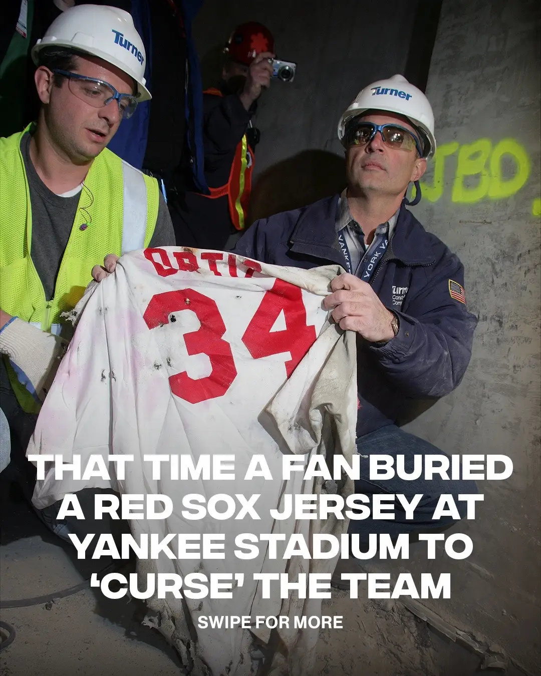 This is generational levels of hate, I love it ⚾️ During construction of Yankee Stadium, a Boston Red Sox fan hid a David Ortiz jersey in the concrete. Once found, the New York Yankees turned it into a charity moment, auctioning it off to the Jimmy Fund for $175k. [📸: via/ GettyImages] 