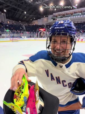 acquired ALL the things in warmups 👒🍬🤩 #hockey #pwhl #vancouver #goldeneyes  