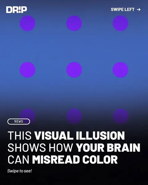 Biomedical optics researcher Hinnerk Schulz-Hildebrandt created this viral illusion after noticing a flight path on his phone looked purple when he stared directly at it but blue in his peripheral vision. He turned the observation into the nine purple dots illusion. When you focus on one dot, it appears more purple while the others shift toward blue, even though all the dots are the same color. #illusions #opticalillusion #design #hypebeast #colortheory 