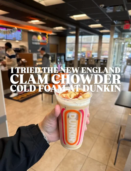 @Dunkin' just dropped a New England Clam Chowder Cold Foam in Boston… 🫣☕️ yes, on an iced coffee yes, it comes with snacking bacon and oyster crackers and yes… it’s giving full New England energy  ☕️ It’s available only today 4/1 April Fool’s Day if you order using a Boston accent!!  but THIS part is real 👇 use code STILLNOTAJOKE in the Dunkin app for a free coffee so no chowder cold foam… just a free Dunkin iced coffee @The Boston Calendar #DunkinBoston #BostonFoodie #FreeCoffeeDeal