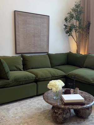We all deserve to nest. Shop our Anniversary Sale today through April 5, link in our bio.   🔎 Kova L-Shape + Storage Ottoman in Olive Performance Velvet custom-crafted for @ashleerosehartley
