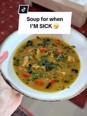 My feel better soup for when I’m sick🥣 simple, nourishing, and exactly what my body needs you’ll need: • 1 yellow onion, diced • leeks, celery & carrots, chopped • 1 head garlic, minced (save cloves later) • fresh ginger + ~3-inch turmeric, peeled & sliced • 1½ lbs chicken breast (bone-in optional for more flavor) • 32 oz chicken stock • ¾ cup farro • kale + fresh cilantro • juice of 2 limes • ½ cup milk, cream, or coconut milk (optional) • olive oil seasoning mix: • 1 chicken bouillon cube, crumbled • 1 tbsp paprika • 2 tsp black pepper • 1 tsp oregano • 2 tsp salt instructions: 1. heat olive oil in a large pot. add onion, leeks, carrots & celery with half the seasoning mix. cook until soft + fragrant. 2. add chicken, stock & farro. bring to a simmer and cook 30–40 min. 3. remove chicken to cool. scoop out garlic cloves + turmeric from the pot. 4. blend garlic + turmeric with ½ cup broth, then stir back in. 5. shred chicken and return to pot. 6. add kale + cilantro. 7. turn off heat, stir in lime juice + optional cream. serve with a drizzle of olive oil, extra herbs & a squeeze of lemon 🤍