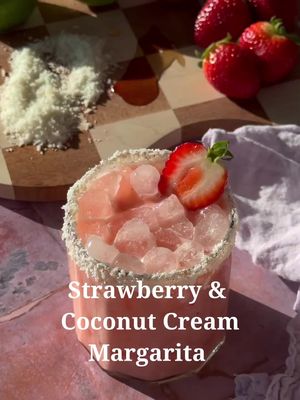 🍓🥥 5 strawberries  .25 oz agave .5 oz fresh lime juice .5 oz cream of coconut (I used Coco Real Cream of Coconut) .5 oz orange liqueur  1.5 oz canned coconut cream 1.5 oz tequila  Coconut flakes for glass Strawberry for garnish  Start by rimming your cocktail glass with agave and coconut flakes, set in the freezer while you make the cocktail.  Add strawberries,lime, cream of coconut, and agave to a cocktail shaker and muddle. Add in coconut cream, orange liqueur, tequila, and ice, shake until cold. Strain into your prepared glass filled with ice and garnish. #cocktailrecipes #EasyRecipes #drinksathome #strawberrymargarita 