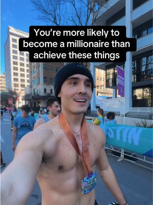 You’re more likely to become a millionaire than achieve these 5 fitness goals… Chances of becoming a millionaire: About 8–10% of adults become millionaires at some point in their life💰 Now here’s what’s less likely than that 👇 1️⃣ Ever get visible abs 🫛 Only around 3–5% of people maintain low enough body fat to have abs all year  2️⃣ Run a sub-20 minute 5K ⚡️ Only about 1% of runners ever go sub 20 minutes and that’s only among runners, not even the general population  3️⃣ Ever finish a marathon (42.2 km) 🏃‍♂️ Fewer than 1% of people have ever finished a marathon  4️⃣ Bench press 2× your bodyweight 🏋️‍♂️ Less than 0.1% of people that go to the gym can do this 5️⃣ Ever complete a Half Ironman (70.3) 🏊‍♂️🚴🏼🏃‍♂️ Roughly 0.05–0.1% of people have done one, that’s 1 in 1,000 to 1 in 2,000 (0.01-0.005% do a full one 🫣)  Someone’s got to be part of these tiny percentages %, make it you.