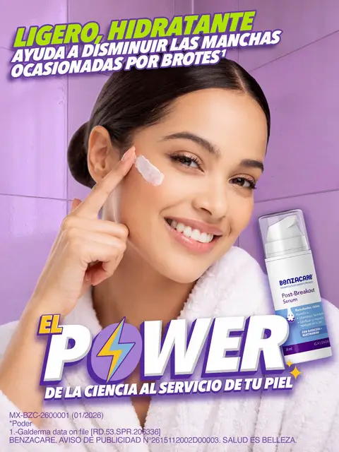 Ligero e hidratante, este suero acompaña tu rutina diaria y ayuda a disminuir las manchas post brote, unificando el tono de la piel. El Power* de la ciencia al servicio de tu piel para cuidarla y devolverle confianza  #Benzacare #PostBreakout *poder