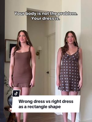 Rectangle body types, your dress style matters more than you think! Instead of a tight dress, try an A-line style! & follow for more rectangle body type outfit inspo + styling tips  Shop dresses through the ⛓️‍💥 in my bio! #RectangleBodyType #howtostyle #BodyTypeStyle #HowToDressYourBody 