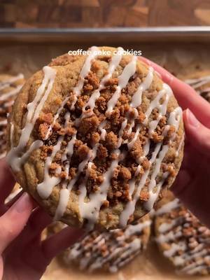 coffee cake cookies cookie dough: 1 cup (226g) unsalted butter, soft 2 1/2 cups (310g) ap flour 1/2 tsp (3g) salt 1 tsp (6g) baking soda 3/4 cup packed (150g) light brown sugar 1/4 cup (50g) white sugar 1 whole egg + 1 yolk 2 tsp (8g) vanilla 1 tsp (3g) cinnamon *cream together the butter and sugars until smooth. then add in the eggs and vanilla. in another bowl, whisk together the flour, salt, baking soda, and cinnamon. fold the dry into the wet and mix until its just combined. dollop on the cinnamon paste and carefully fold into the dough. do not overmix since you want a nice marbled look. scoop and then set in the fridge an hour. note: if the dough feels too wet to scoop, you can scoop it after its set in the fridge. gently press down the dough balls on the tray and then generously sprinkle on the streusel. bake at 350 for 11-13 min depending on the size. let them cool fully before drizzling on the vanilla glaze! cinnamon swirl paste: 2 tbsp (30g) dark brown sugar 1 tbsp (8g) cinnamon 1 tbsp (15g) unsalted butter, melt 1 tsp (5g) ap flour *mix all together so its forms a paste streusel topping: 1/2 cup (60g) ap flour 1/4 cup (50g) brown sugar 1 tsp (4g) cinnamon pinch of salt 4 tbsp (55g) unsalted butter, cold *mix the flour, brown sugar, cinnamon, and salt. then using a fork or with your fingers, mix in the cold butter pieces. set aside. vanilla glaze: 1/2 cup (60g) powdered sugar 1–2 tbsp water or milk 1/2 tsp vanilla *mix all together adding more powdered sugar (to thicken) or more liquid (to thin) #coffeecake #cookies #Recipe 