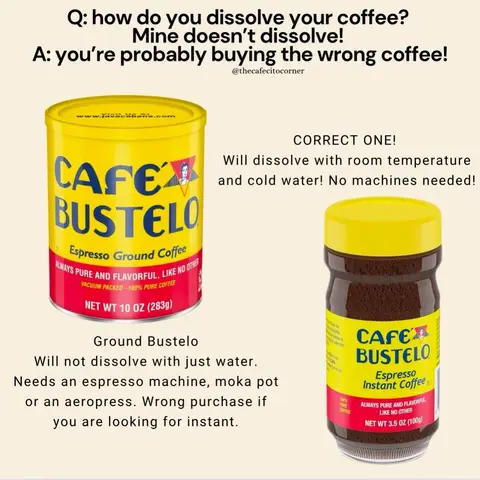 with a few new videos who’ve been a hit with instant coffee, thought I would post this again since I’ve gotten a few comments or messages that their instant cafe Bustelo does not dissolve.  As I have been posting more instant coffee recipes, the question is coming back up of “why isn’t it dissolving?” I get this question at minimum 3 times a week(and I probably will continue to and that’s okay!) and everytime they send me the photo of their coffee, it’s unfortunately the ground cafe Bustelo. I figured it was time I make a post we can save and share. Reposting to save you money, so you don’t buy the wrong one! If your “instant” coffee is not dissolving then you’re not using instant, you probably purchased the ground version. If it is instant and it won’t dissolve could be a bad batch, try getting a new one from a different store. Another reason can be its “bad” buy a second bottle and try it and if it works your other bottle was a bad batch. Make sure to read and look for instant either in English or Spanish (depends where you buy it). Share this to save a friend 🤎 #instantcoffee #cafebustelo #cafebusteloinstant #groundcoffee #saveandshare 