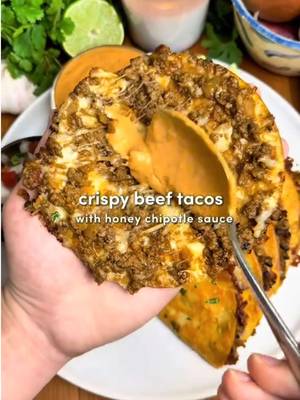 Crispy Beef Tacos with Honey Chipotle Sauce 🌮 For ALL of you asking about the app, it’s called Osta. Link is in my bio or search “Osta” on the App Store or Google Play store ‼️🫶 Minimal effort, maximum flavor… crispy, juicy tacos with melty cheese and the most addictive sauce 🔥 For the Beef: -1 lb ground beef (I use 80/20) -1 yellow onion, diced -6 garlic cloves, minced -2 tbsp tomato paste -1/2 cup beef stock -1 tbsp avocado oil  Taco Seasoning: -1 tbsp cumin, 1 tbsp chili powder, 2 tsp paprika, 2 tsp oregano, 2 tsp garlic powder, 2 tsp black pepper & 1 tsp cayenne (optional) Honey Chipotle Sauce: -2/3 cup sour cream -1/3 cup mayonnaise -2 chipotle peppers -2 tbsp honey -4–5 garlic cloves -1 tsp black pepper -1 tsp cumin -1 tsp paprika -1 tsp salt -Juice of 1/2 lime��Pico De Gallo Recipe: -4 roma tomatoes, diced -1/2 white onion, finely diced -1/3 cup cilantro, finely chopped -1 lime, juiced -2 tsp salt -1 tsp pepper For Assembly: -10 to 12 mini tortillas -2 cups shredded mozzarella -Avocado oil for frying Instructions: 1. Heat 1 tbsp avocado oil in a large pan over medium heat. Add the diced onion and sauté until soft, about 3–4 mins. Add the minced garlic and cook for another 30 secs. Add the ground beef and break it up. Cook until mostly browned. Add the taco seasoning (or 2 to 3 tbsp store-bought) and tomato paste, mix well, and sauté for 2–3 mins. Pour in the beef stock and cook for 8–10 minutes, or until the liquid evaporates and the beef is saucy & fully cooked. 2. In a blender or food processor add all of the sauce ingredients. Blend until smooth. 3. Combine the diced tomatoes, onion, cilantro, lime, salt and pepper to create the pico de gallo. 4. Lay a tortilla flat. Add a thin layer of mozzarella, 2–3 tbsp of the beef filling, then another sprinkle of cheese. Fold it over & repeat. Heat a splash of avocado oil over medium-low heat. Add the folded tacos and cook until golden and crispy on both sides, adding more oil as needed. Work in batches so they crisp. 5. Plate them up, open the tacos, fill with pico de gallo, honey chipotle sauce & enjoy. #recipesoftiktok #fyp #tacos #recipes #dinner 