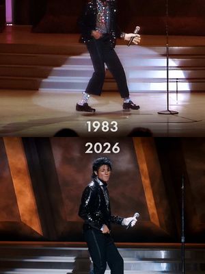 New look at Jaafar Jackson performing Michael Jackson’s legendary 1983 live performance of Billie Jean in the upcoming biopic ‘MICHAEL.’ 1983 — Motown 25: “Yesterday, Today, Forever” / de Passe Entertainment 2026 — “Michael” / Lionsgate & Universal Pictures