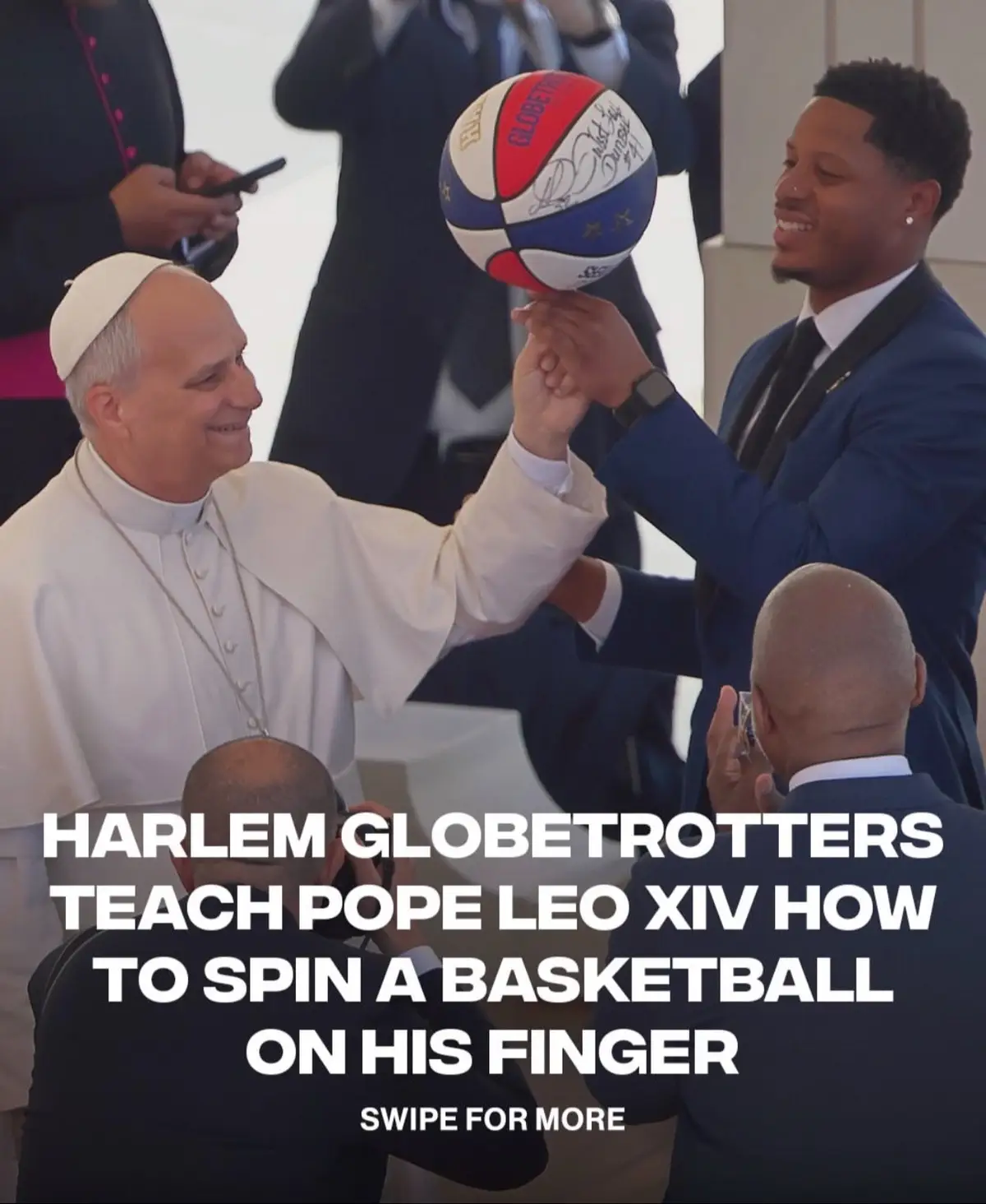 Pope Leo XIV learning how to spin a basketball was not on my 2026 bingo card. The Harlem Globetrotters gave Pope Leo XIV a quick lesson on how to spin a basketball on his finger at St. Peter's Square during their visit this week. ##pope##basketball##NBA##harlemglobetrotters