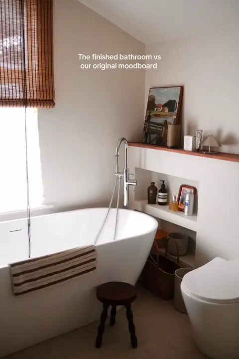 We designed this in such a rush as our builder had a cancellation.. but it turned out better than I ever imagined. Def some things I’d choose differently now.. (size of the sink being the main one..) but otherwise it’s perfect to us. Such a calming space to get ready in 🤍🤍🤍 #bathroomdesign #bathroommakeover #zellige #cosyhome 