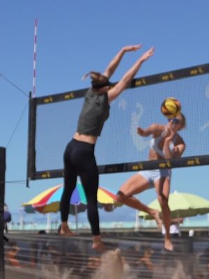 Denied at the peak. Megan Rice elevates for the monster block — AVP Qualifier #3. #AVPBeach #BeachVolleyball
