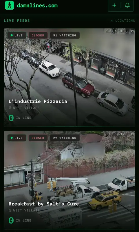 Over the weekend~ Damn Lines was launched. It’s a vibecoded streaming platform that shows you what real time lines for food are in NYC. Either tapped into existing security cameras or installed new ones integrated into platform. The site is taking votes on who should be added next. This day and age~ you can just do things! 