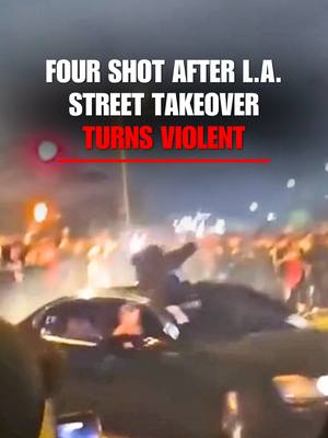 A packed street takeover turns VIOLENT in Los Angeles after a shooting breaks out on the scene. Four people have been hospitalized for gunshot wounds following the overnight spectacle that was caught on camera. This comes just weeks after another violent street takeover in downtown Los Angeles, where a crowd smashed windows and forced its way into a luxury apartment building.