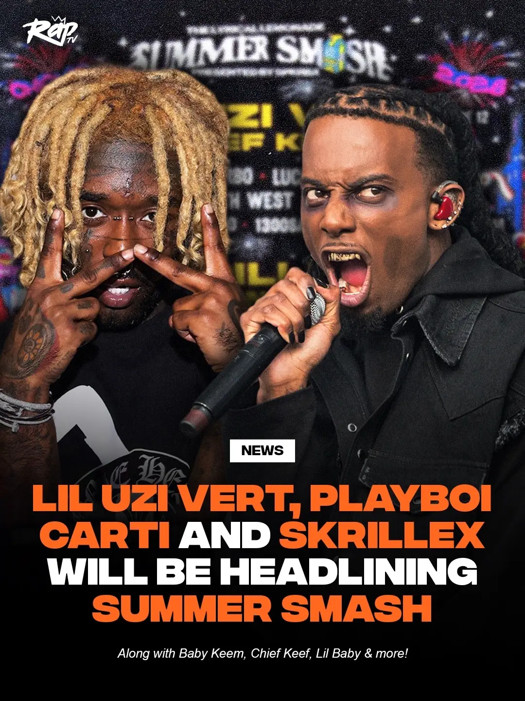 Lyrical Lemonade just dropped the Summer Smash lineup🔥🍋 #LilUziVert, #PlayboiCarti, #LilBaby, Skrillex, Chief Keef, #BabyKeem, North West & more will be performing‼️ Y'all pullin' up⁉️🤔 #SummerSmash 