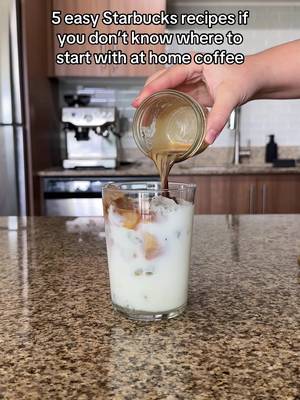 New to making coffee at home? Start with these 5 Starbucks drinks🙏 No espresso machine or barista skills required, just simple ingredients from the grocery store🎉 Iced vanilla latte: Ice cubes 12 ounces vanilla latte bottled coffee Combine both ingredients in a glass, stir and enjoy! Iced caramel macchiato: 2 teaspoons instant espresso powder 2 ounces warm water Ice cubes 1 tablespoon vanilla syrup 8 ounces milk Caramel sauce Combine the instant espresso powder with warm water and mix until the powder is dissolved. To a cup add ice, vanilla syrup, milk, the prepared espresso, and top with caramel sauce. Vanilla sweet cream cold brew: 2 ounces sweet cream (5 ounces heavy cream + 6 ounces vanilla syrup + 10 ounces 2% milk, combine in a mason jar and shake until combined) Ice cubes 12 ounces cold brew In a cup combine the ice, cold brew, and sweet cream. Stir to combine and enjoy. Caramel Frappuccino: 8 ounces milk 2 tablespoons caramel sauce, plus more for topping 3 teaspoons instant espresso powder 1/4 teaspoon xanthan gum 1 1/4 cups ice Whipped cream Add all the ingredients EXCEPT the whipped cream to a blender and blend until smooth. Pour the Frappuccino into a glass, top with whipped cream and caramel sauce. Strawberry acai refresher: Ice cubes 6 ounces strawberry acai concentrate 6 ounces water (or lemonade or coconut milk) Freeze dried strawberries Combine all ingredients in a cup with a lid, shake until combined and enjoy! You don’t need any fancy equipment or barista experience to start making great coffee drinks at home, TODAY! SHARE this post with a friend and FOLLOW if you’re ready to save money and start making coffee shop level coffee at home!🤍