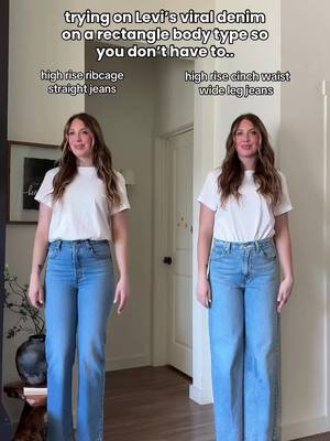 Which ones do you like best?  If your body shape is more straight up-and-down, the right denim can completely change how your outfits look—think more waist definition, better proportions, and that effortless “put together” feel 👏🏼 Left: high rise straight leg Right: high rise cinch waist wide leg (hello curves 👀) Not all trending jeans are actually flattering… but this side-by-side makes it REAL easy to see the difference. 👉🏻Follow for outfit ideas that actually flatter your body + make getting dressed way easier 🤍 #RectangleBodyType #BodyTypeStyle #levijeans #howtodressyourbody @Levi’s 