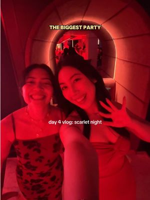 the biggest red themed party on the ship! ❤️ finally experienced scarlet night where the whole ship turns red and everyone dresses in their best red outfits and parties by the pool all night! #scarletnight #virginvoyages @Virgin Voyages 