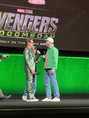 This guy... Robert Downey Jr. and Chris Evans face off on the CinemaCon stage. #AvengersDoomsday 