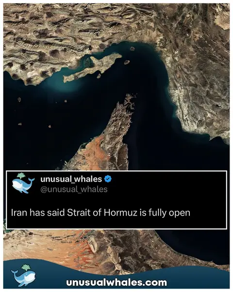 Iran has said Strait of Hormuz is fully open. Trump has said: The Strait of Hormuz is completely open and ready for business and full passage, but the naval blockade will remain in full force. BREAKING: Iran's Foreign Minister announces that the Strait of Hormuz has officially re-opened following the U.S. naval blockade in the region, per FOX Despite Trump's comments on the naval blockade remaining in place, @Polymarket projects it to be lifted by month's end. #polymarketpartner Follow @unusualwhales for daily posts about the stock market and crypto📈 NOTE: This post is not financial advice. The stock market is risky, and any trade or investment is expected to have some, or total, loss. Please do research before any trade. Do not use this information for financial decisions. Do not use this, or Unusual Whales', information for investing. Check terms on site for full terms.  