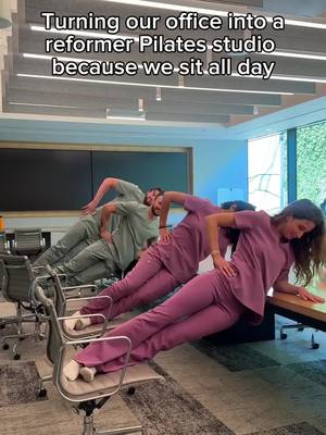 Reimagining the office space into Pilates studio. Don’t question it #healthcareworker #healthcarehumor #scrubs #pilates #office 