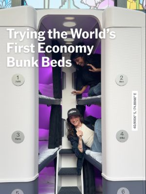 Bunk beds on long-haul flights – yay or nay? We tested @airnz’s new Skynest sleep pods, which allow up to six economy travelers to lie down without splurging on a lie-flat seat. You’ll see them on select flights between New York City’s JFK airport and Auckland, a whopping 17-hour route, starting this fall. A 4-hour session (equivalent to roughly two REM cycles) costs $495 to add onto an existing plane ticket, begging the question: how much is a nap worth to you?? #travel#traveltips#traveltiktok#budgettravel#luxurytravel