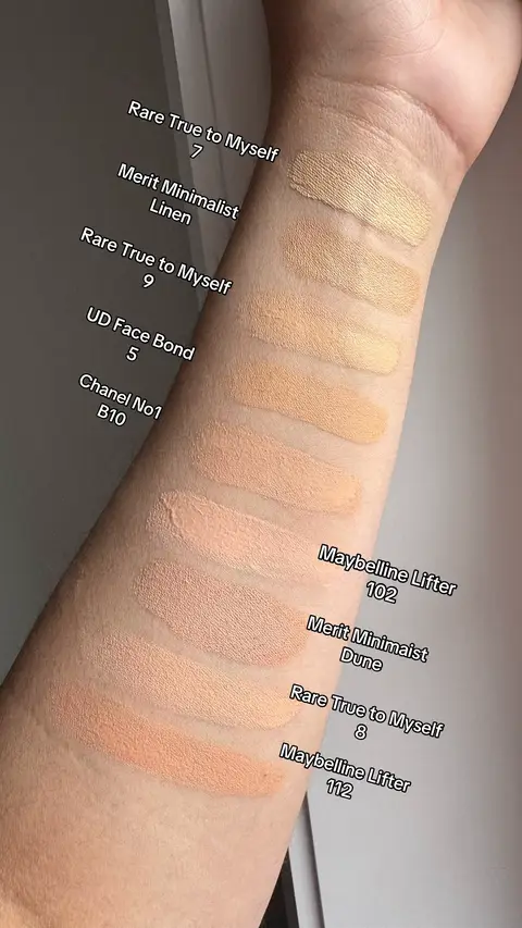 Rare Beauty True to Myself Matte Foundation: 7 Merit Minimalist Complexion Stick: Linen Rare Beauty True to Myself Matte Foundation: 9 Urban Decay Face Bond: 5 Chanel No.1 Illuminating foundation: B10 Maybelline Lifter Plump & Glow Foundation: 102 Merit Minimalist Complexion Stick: Dune Rare Beauty True to Myself Matte Foundation: 8 Maybelline Lifter Plump & Glow Foundation: 112 @Rare Beauty @urban decay @chanel.beauty @MERIT Beauty @Maybelline NY #lifterplumpglow #udfacebond #lightoliveskin 
